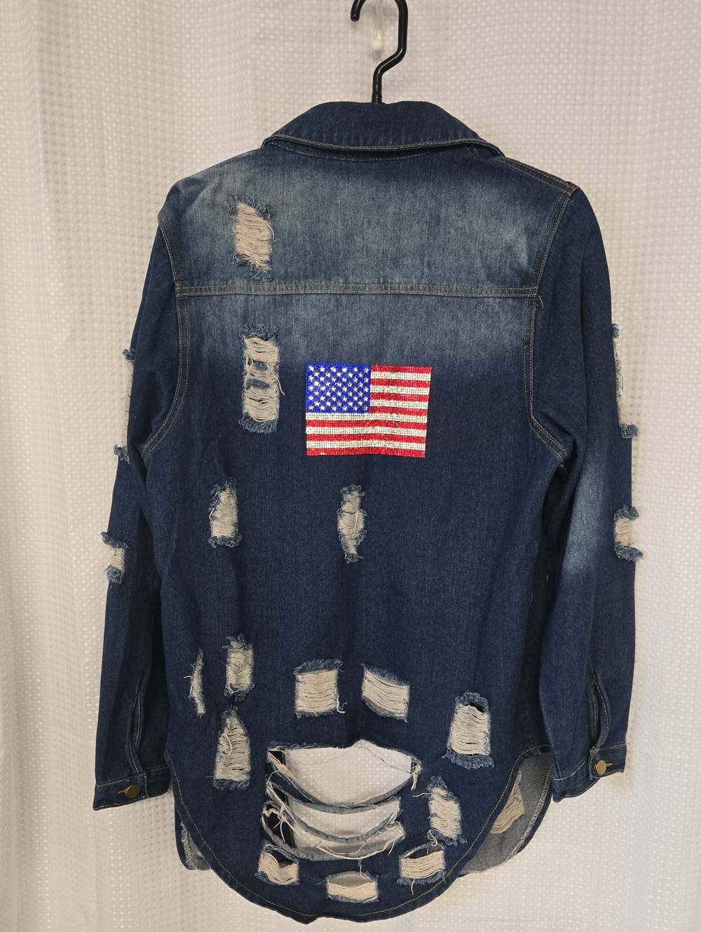 Long Distressed Denim Jacket with American Flag Patch - Dark Blue